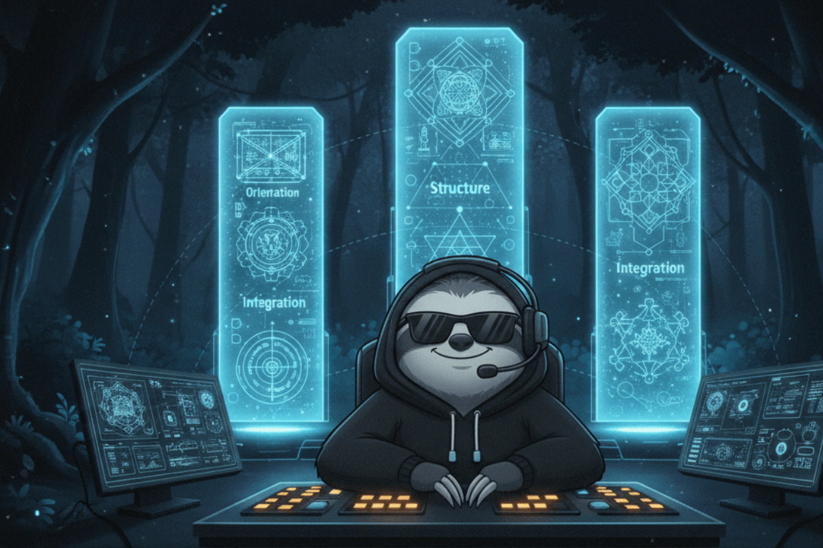 The Sloth sitting in front of a command center with multiple screens, representing the access to the evolving library of visual maps, summaries, tools, and deeper insights that the Spiritual Renegades provide for ongoing orientation for the long game