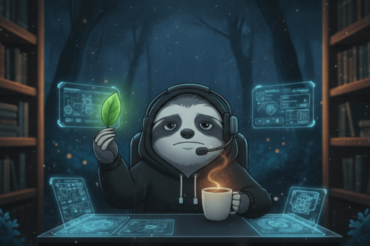 The Sloth sitting with a donation box, representing the support that allows Spiritual Renegades to remain independent and free of ads, providing clarity and independent signal to its audience