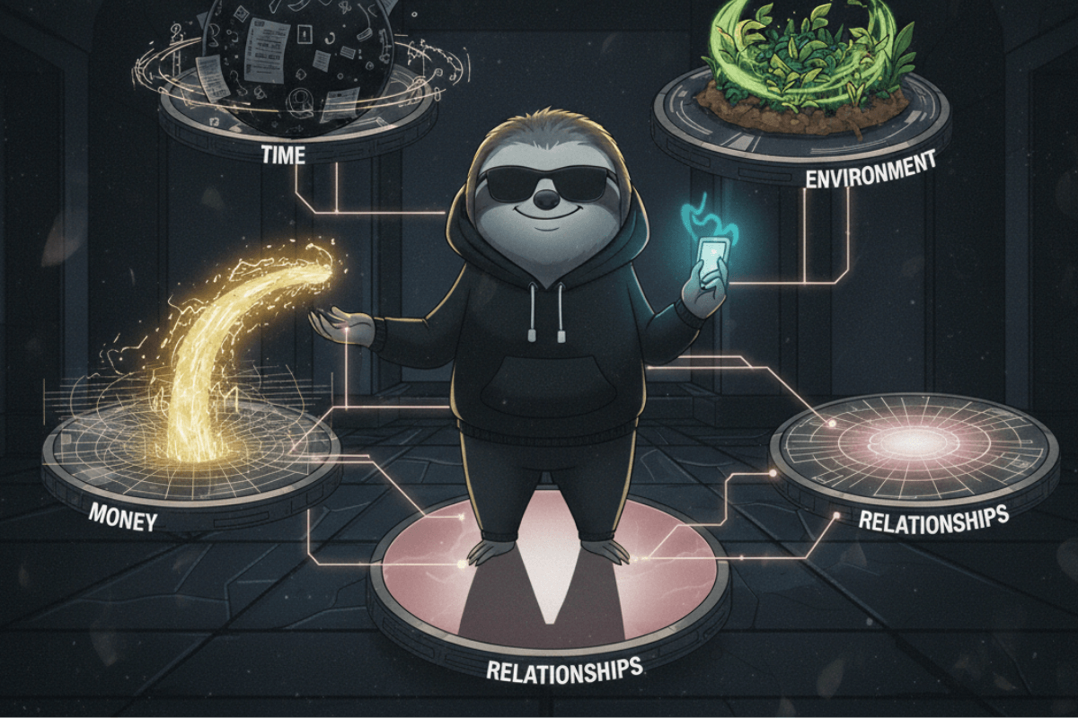 A sloth sitting in front of a cosmic background with multiple dimensions, representing the external game and the exploration of hidden history, governments, religions, hidden elites, and the external matrix